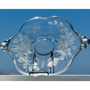 Silver Overlay Floral Glass Serving Tray VTG Clear Scalloped Lily Pattern 13"